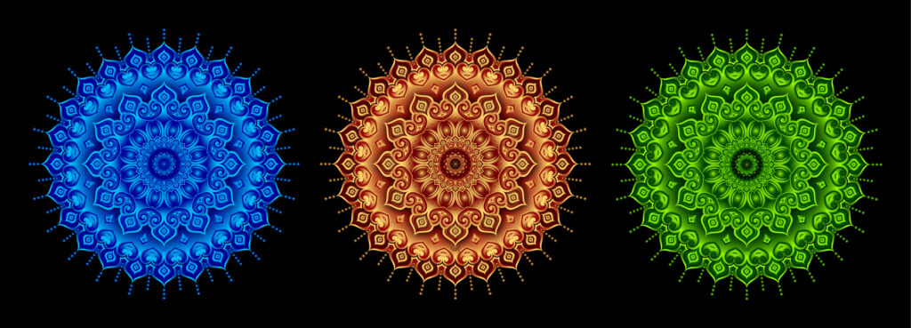 3 mandalas de nuevarmonia: azul, naranja y verde