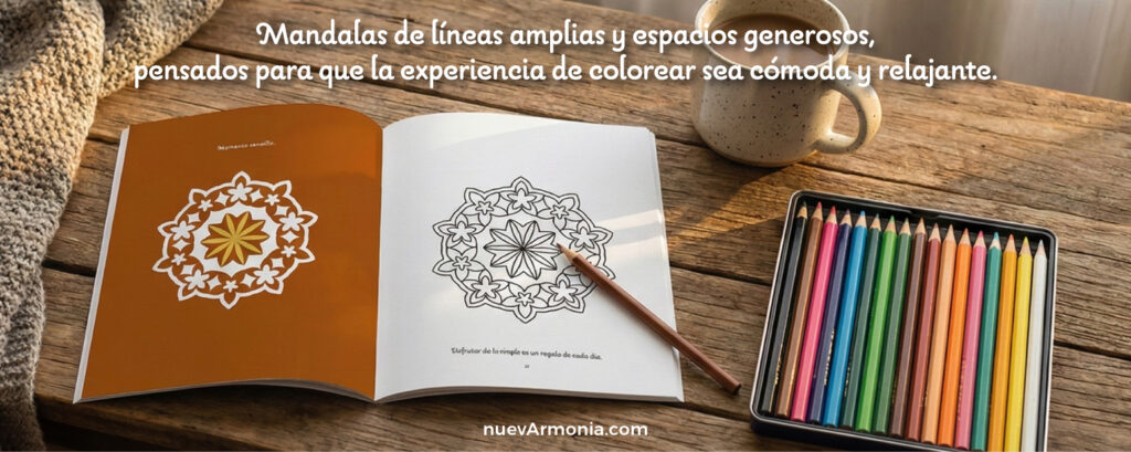 Libro de mandalas abierto junto a pinturas de color